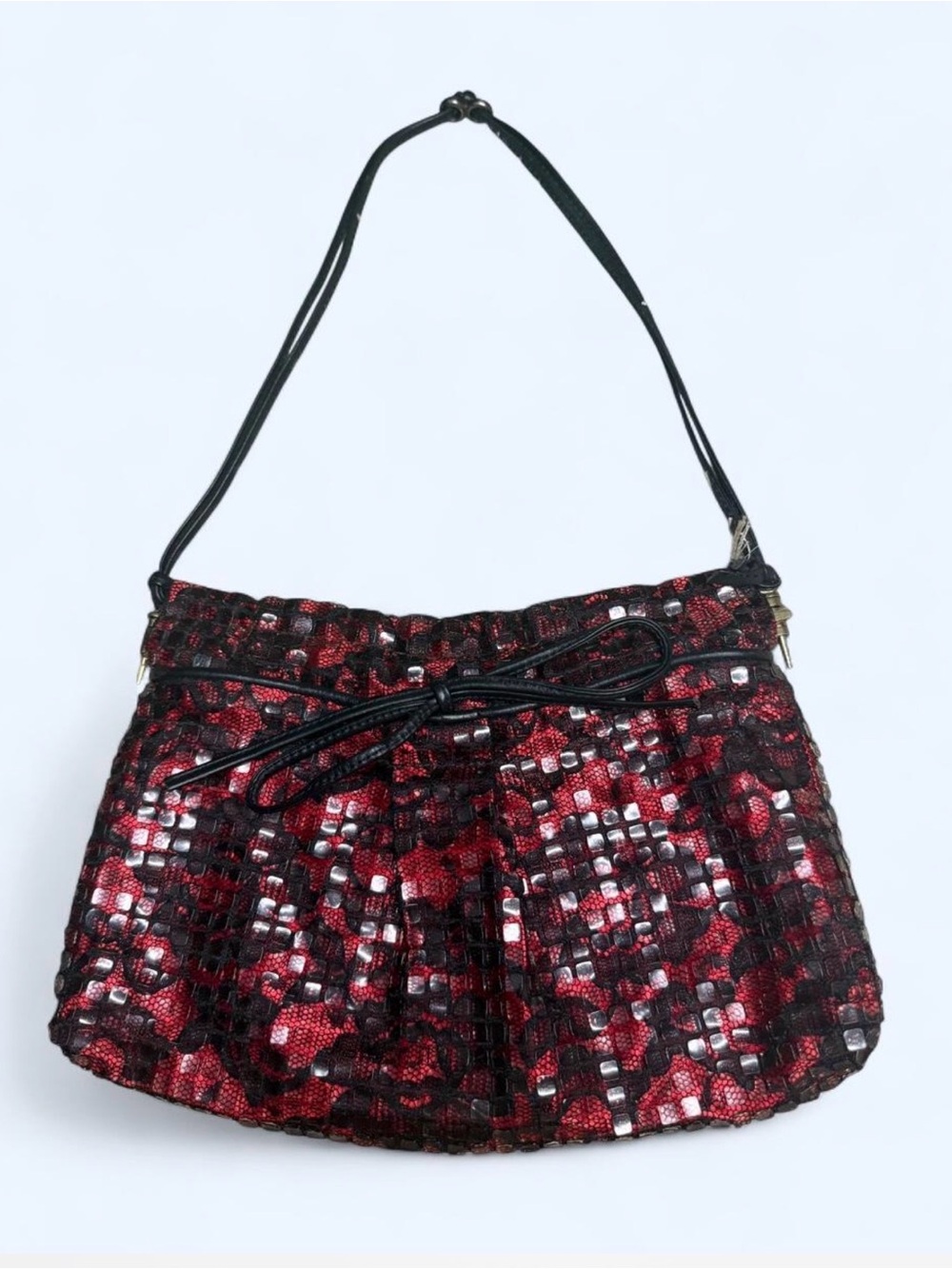 Amy Chan New York Red and Black Mosaic-Pattern Shoulder Bag with Bow Accent